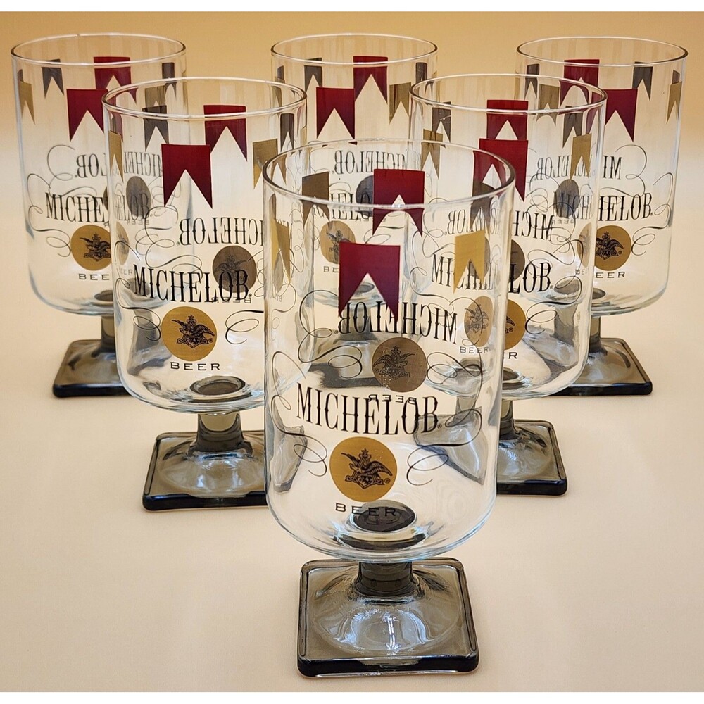 Set Of Six (6) Vintage Michelob Beer Glasses Square Footed Stem Base